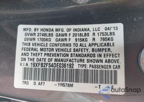 2013 Honda Civic Lx from USA, damaged, VIN 19XFB2F54DE036192
